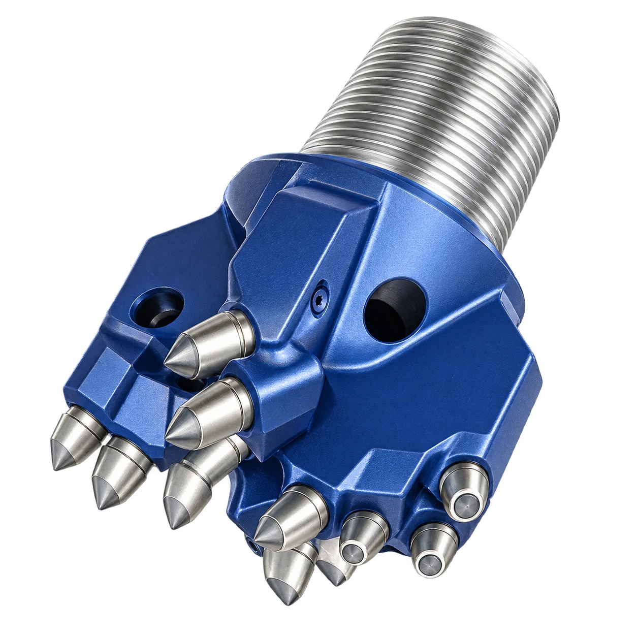 Ilustrasi V-Series claw drill bit dengan cutter dan koneksi berulir