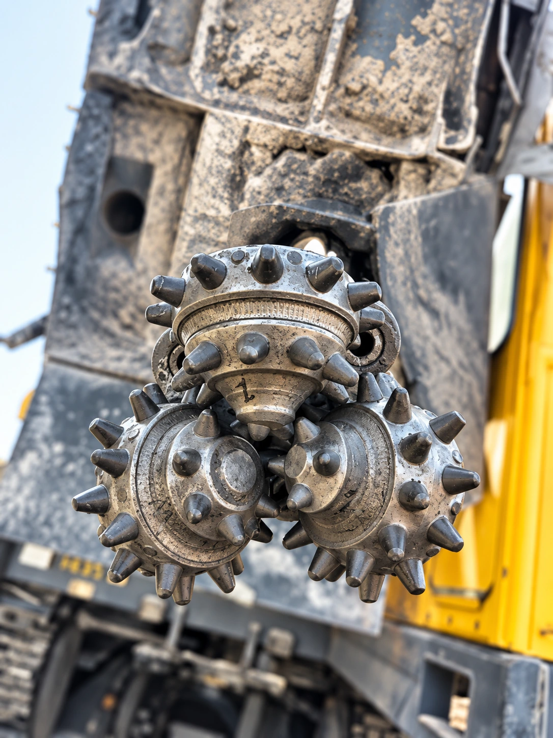 Ilustrasi tricone drill bit terpasang pada drill string di sisi rig