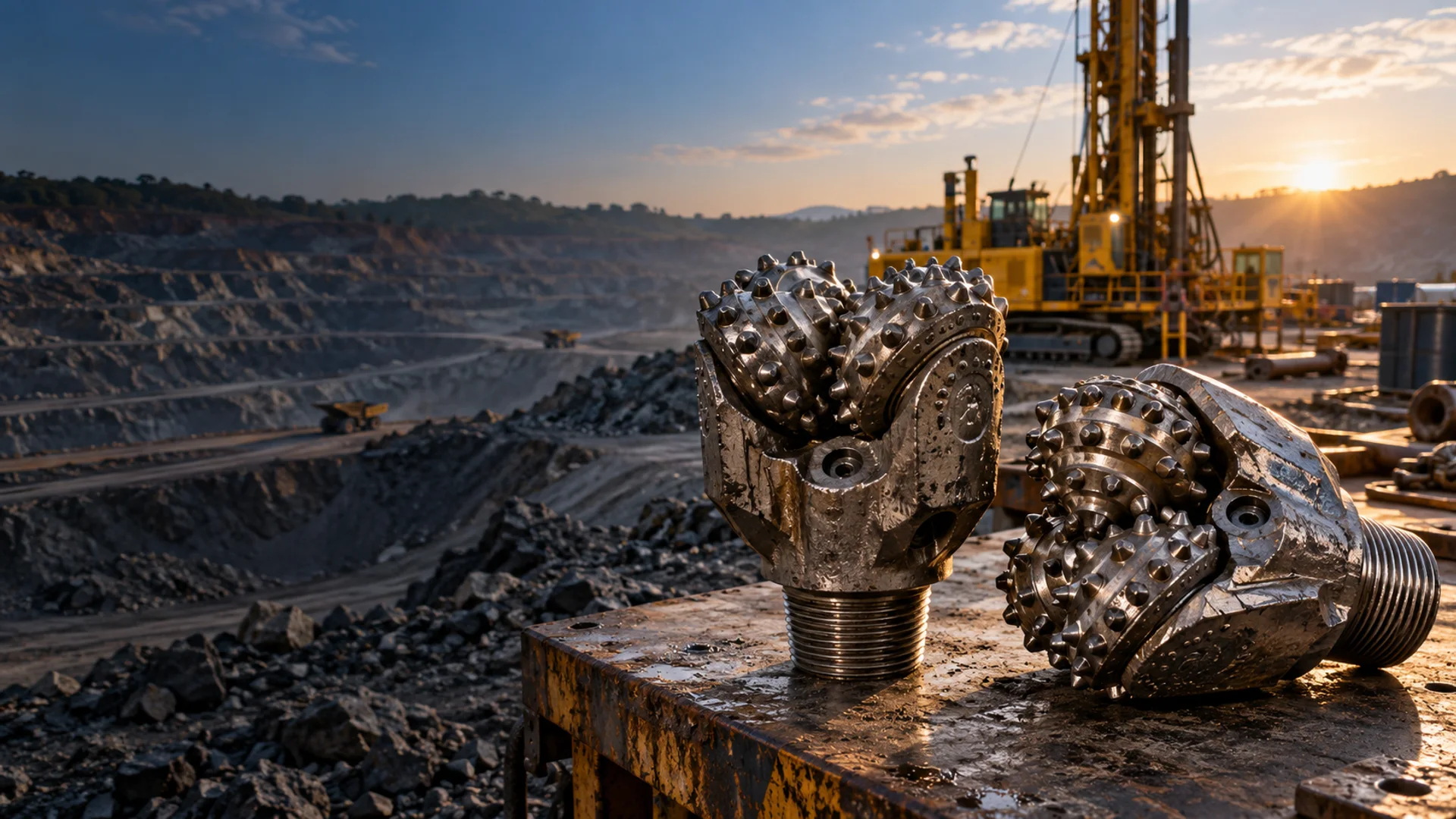 Tricone drill bits di area kerja dengan latar rig dan tambang terbuka