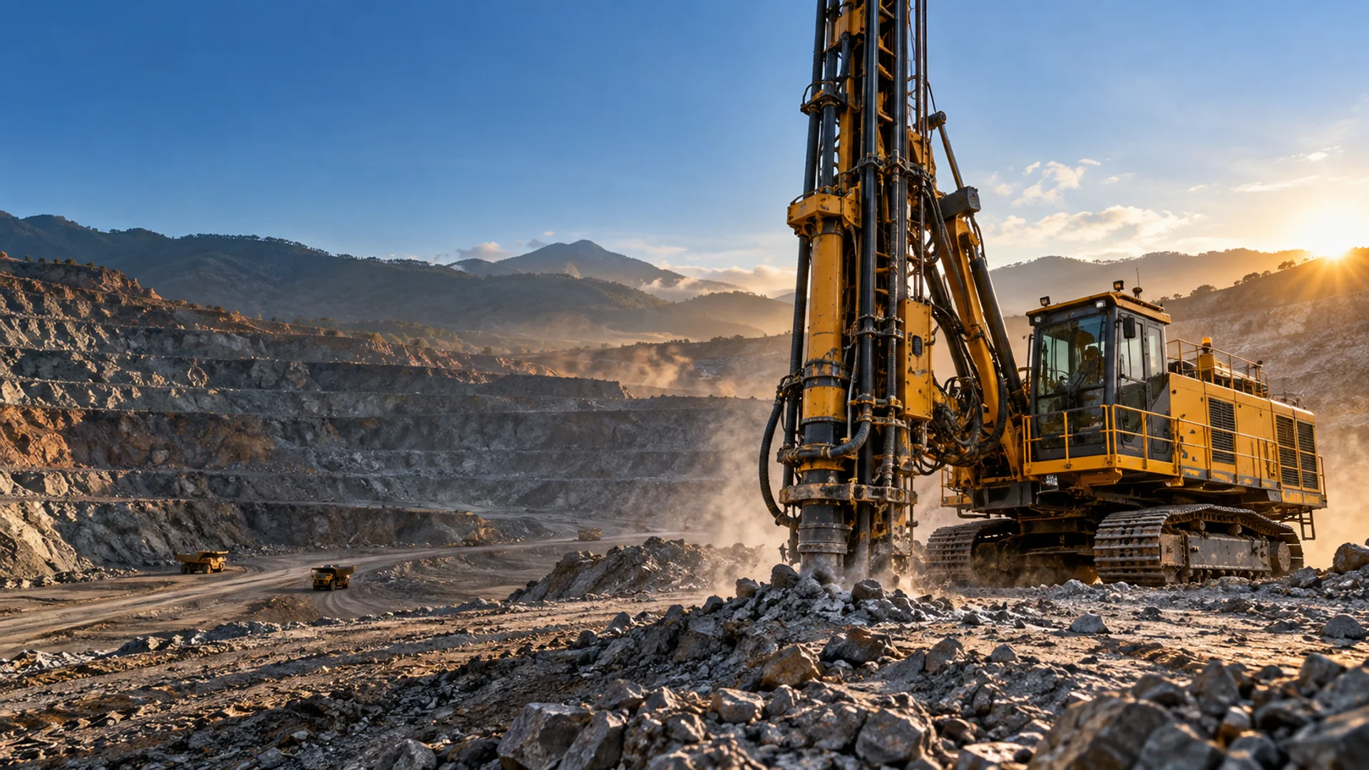 Ilustrasi rotary drill rig kuning di tambang terbuka pada pagi hari