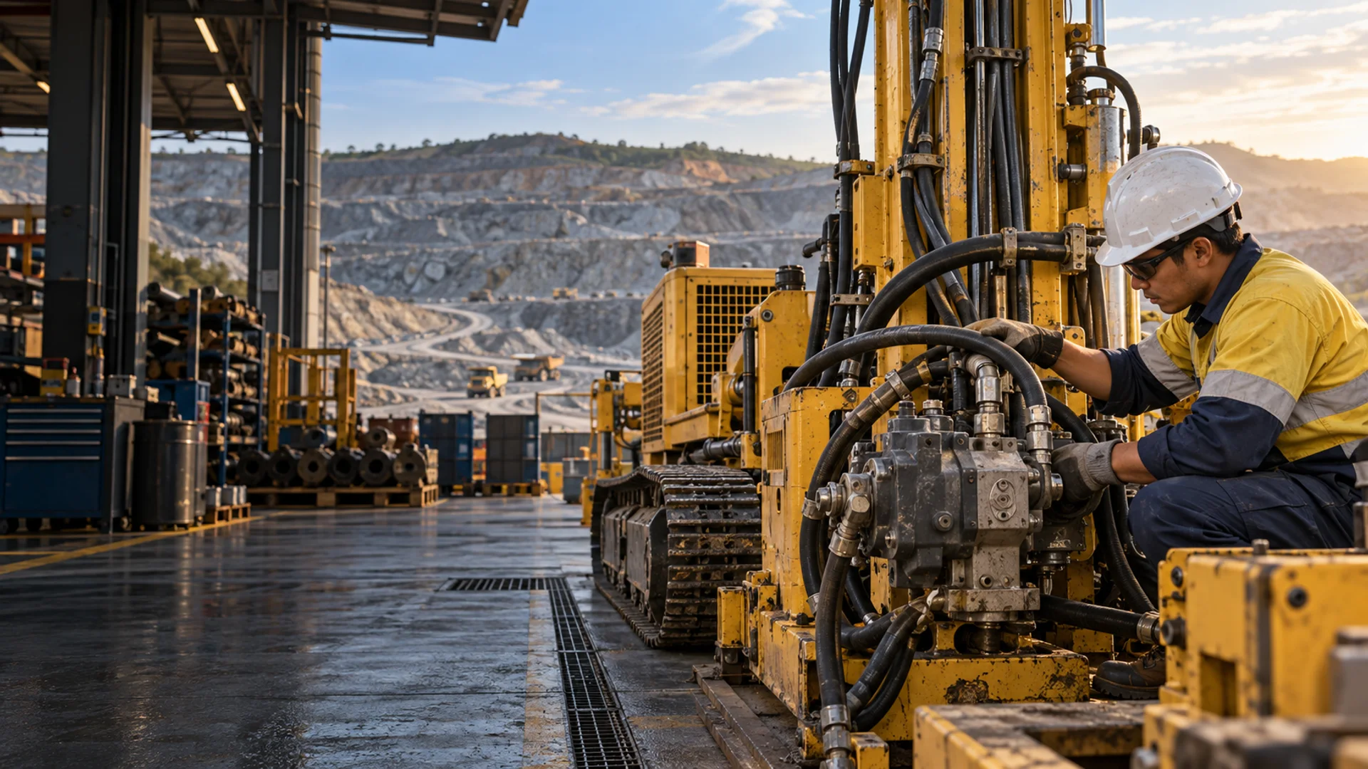 Teknisi memeriksa komponen hidraulik pada rig drilling di area tambang